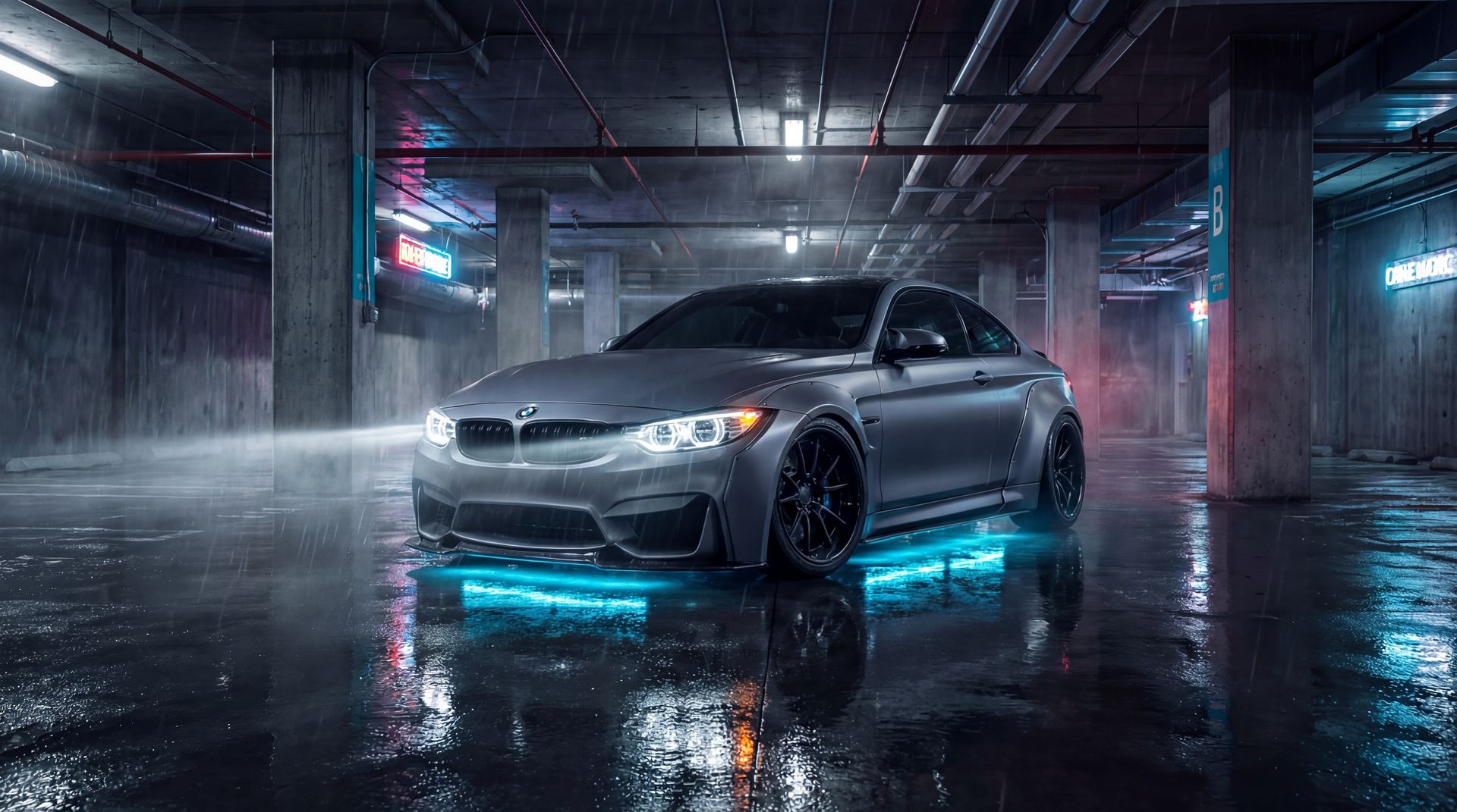 人兽夜间改装视频：宝马M4宽体套件安装与氛围灯调试